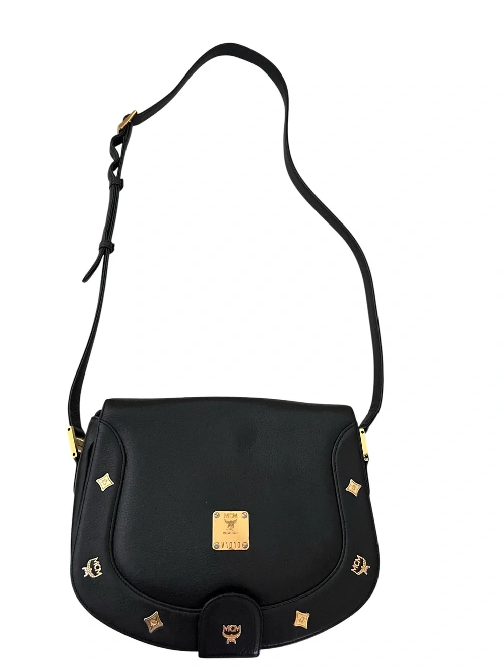 MCM Black Leather Crossbody Saddle Bag with Gold Hardware